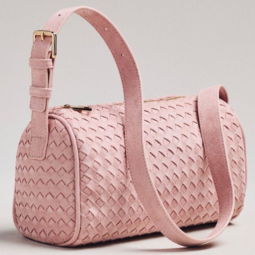 Anthropologie WovenโFaux Suede Shoulder Bag Blush Pink Barrel Crossbody NWT